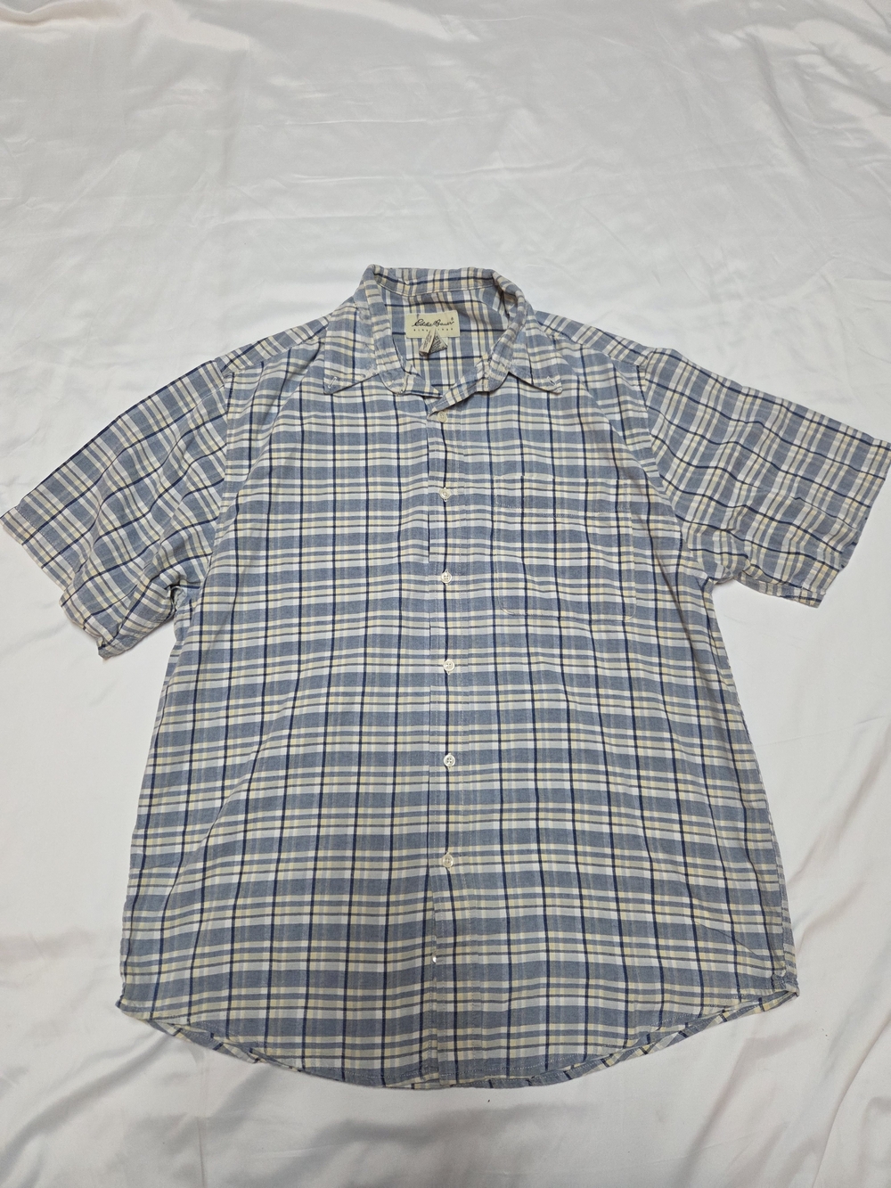 Eddie Bauer Blue and White Plaid Short-Sleeve Button-Down Shirt
